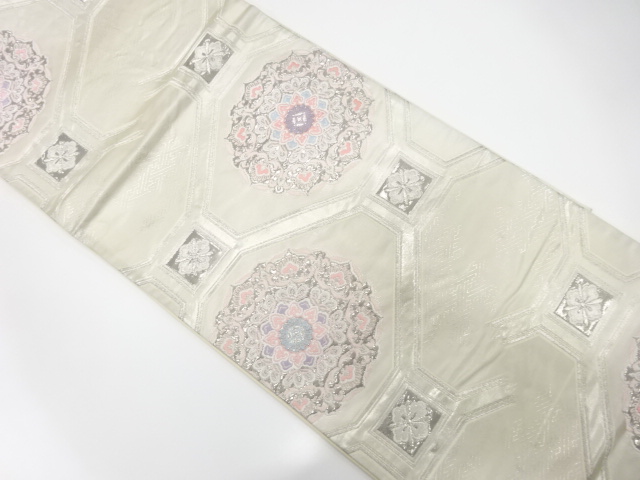 JAPANESE KIMONO / ANTIQUE FUKURO OBI / SILK / PLATINUM FOIL / WOVEN FLOWER SHOKKO PATTERN